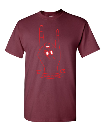I Don't Care Rock Hand on a maroon adult tee