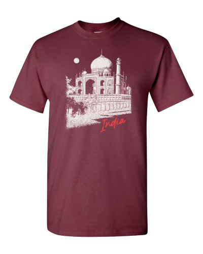 India on a maroon adult tee