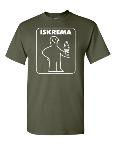 Iskrema on a military green adult tee