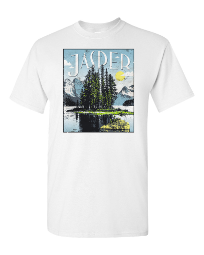 Jasper on a white adult tee