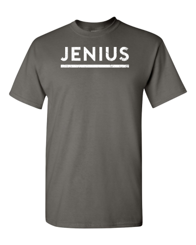 Jenius on a charcoal adult tee