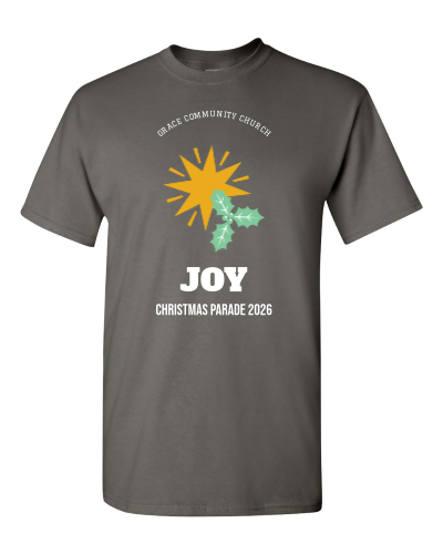 Joy on Main Street on a charcoal adult tee