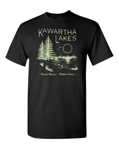 Kawartha Lakes on a black adult tee