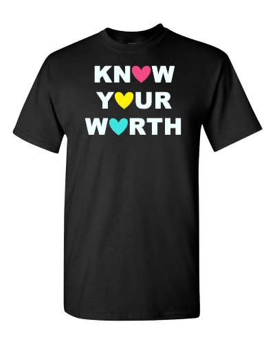 Know Your Worth on a black adult tee