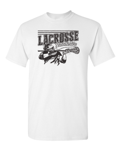 Lacrosse Attackman on a white adult tee