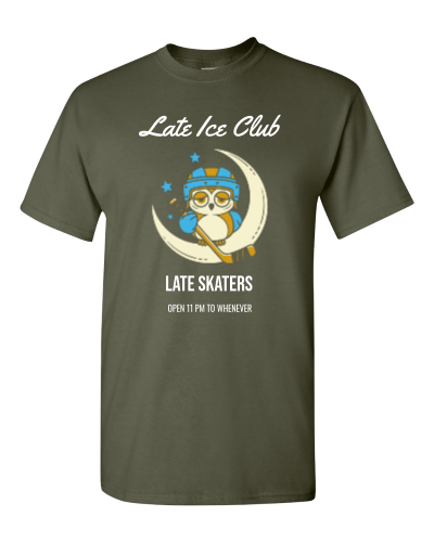 Late Ice Club on a military green adult tee