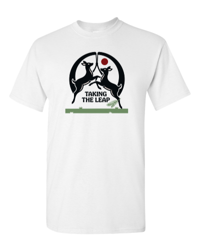 Leaping Deer Circle on a white adult tee