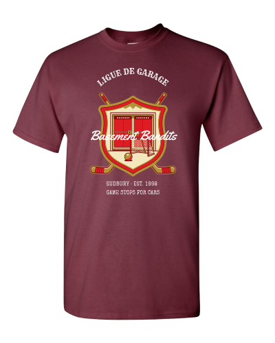 Ligue de Garage Club Crest on a maroon adult tee