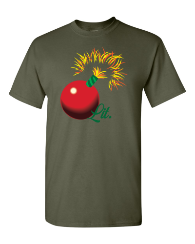 Lit Cherry Bomb on a military green adult tee