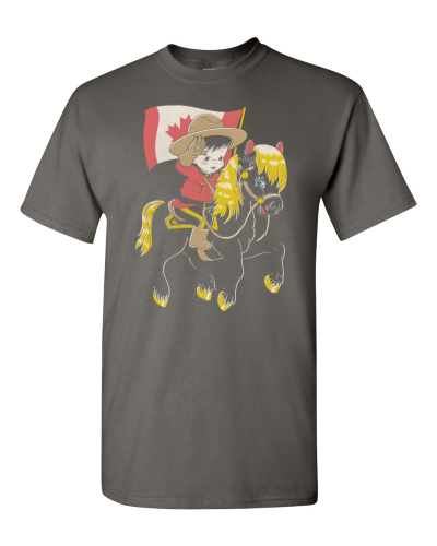 Little Mountie on a charcoal adult tee