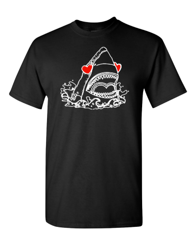 Love Bite Shark on a black adult tee