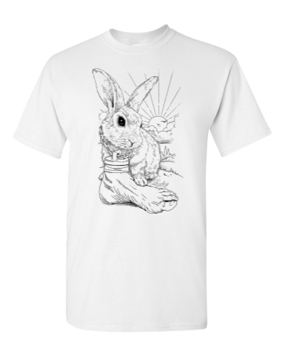 Lucky Bunny on a white adult tee