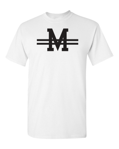 M Monogram on a white adult tee