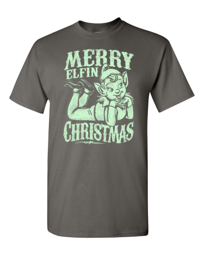 Merry Elfin Christmas on a charcoal adult tee
