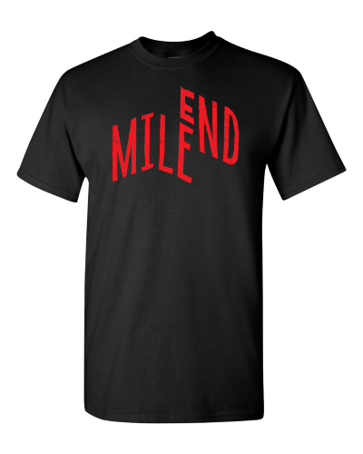 Mile End on a black adult tee
