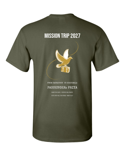 Mission Trip Boarding Pass on a military green adult tee
