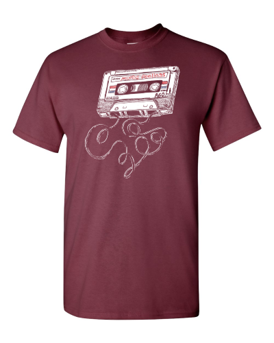 Mixed Feelings Cassette on a maroon adult tee