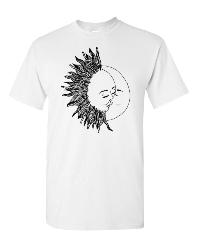 Moon and Sun Kiss on a white adult tee