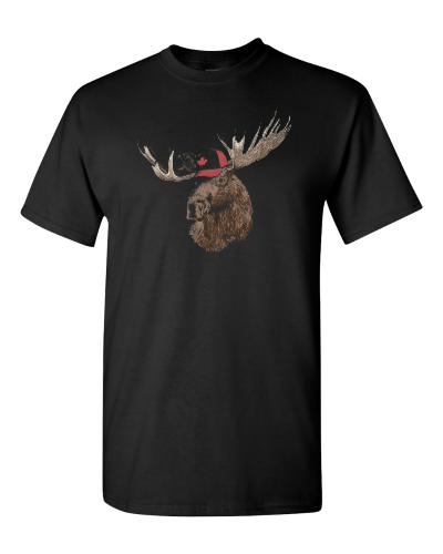 Moose in a Canada Cap on a black adult tee