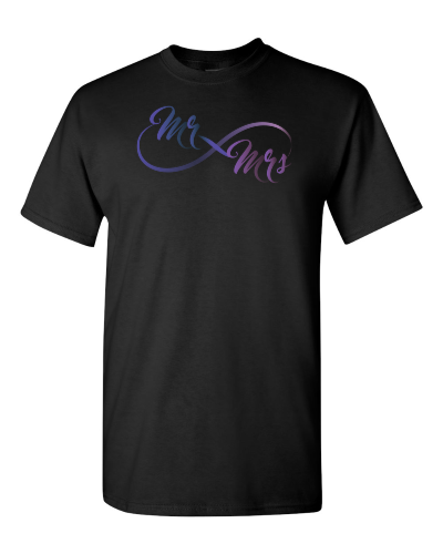 Mr. and Mrs. Infinity on a black adult tee