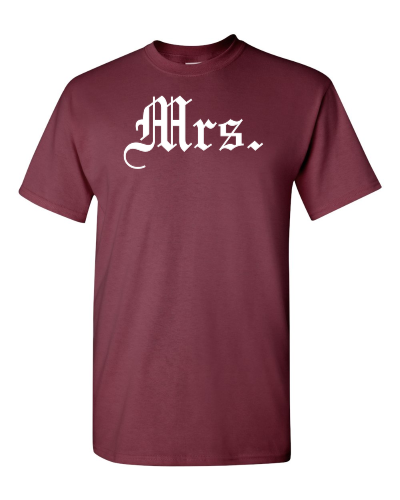 Mrs. on a maroon adult tee