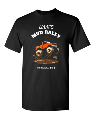 Mud Rally Crew on a black adult tee
