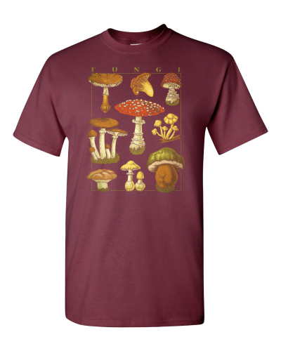 Mushroom Botanical on a maroon adult tee