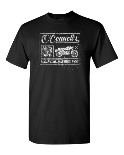 O'Connell's Motorcycle Shop on a black adult tee
