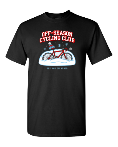 Off-Season Cycling Club on a black adult tee