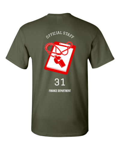 Official Staff: Family Front Office on a military green adult tee