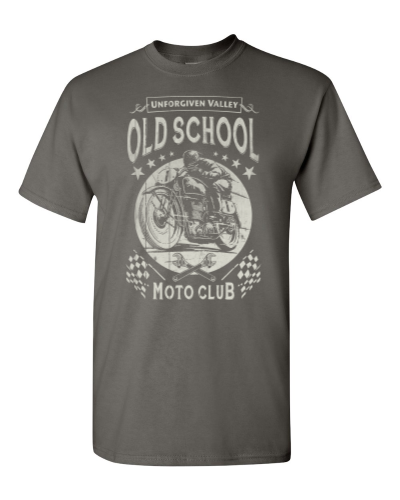 Old School Moto Club on a charcoal adult tee