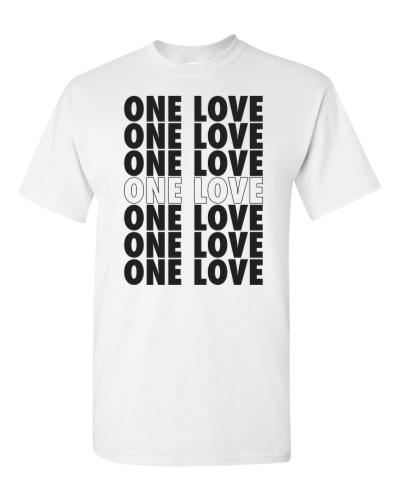 One Love Repeat on a white adult tee