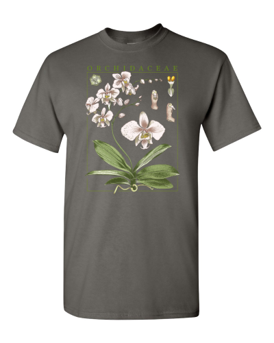 Orchid Botanical on a charcoal adult tee