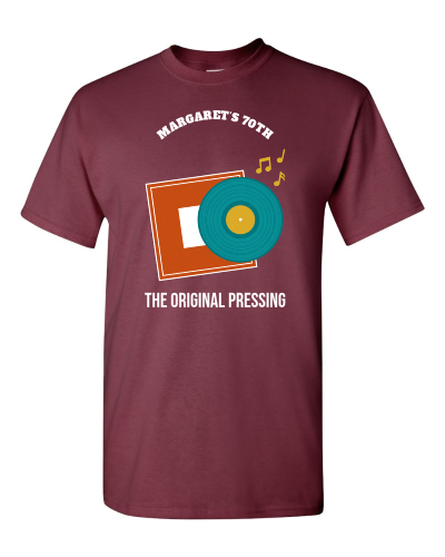 Original Pressing Family Set on a maroon adult tee