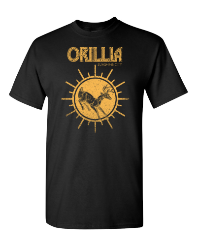 Orillia Sunshine City on a black adult tee