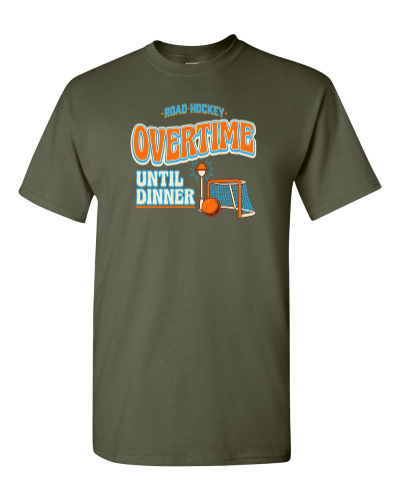 Overtime Until Dinner on a military green adult tee