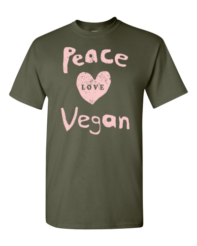 Peace, Love, Vegan on a military green adult tee