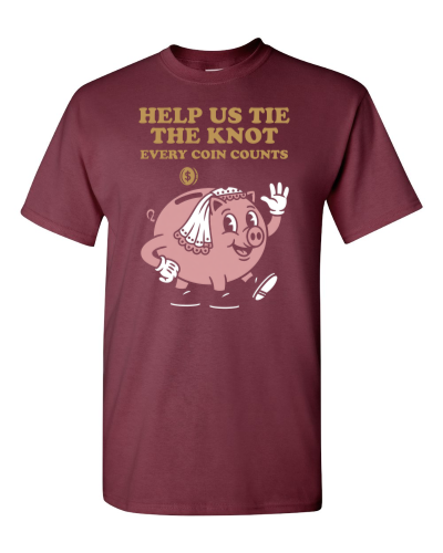 Piggy Bank Bride on a maroon adult tee