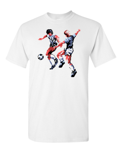 Pixel Soccer on a white adult tee