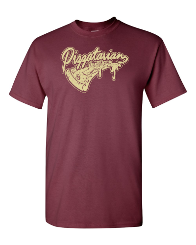 Pizzatarian on a maroon adult tee
