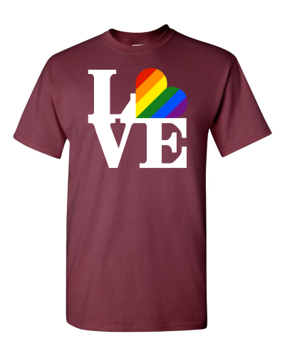 Pride Love on a maroon adult tee