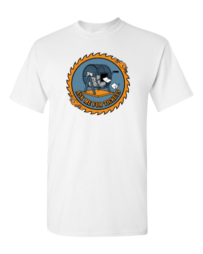 Raffle Crew Drum on a white adult tee