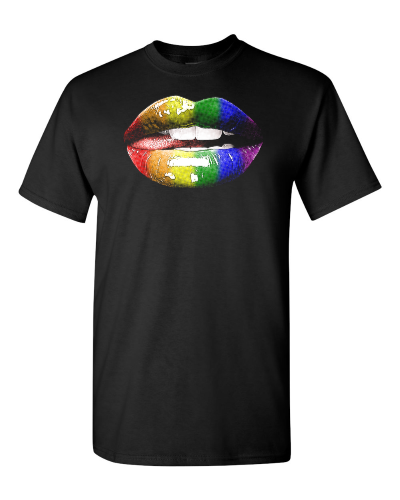 Rainbow Pride Lips on a black adult tee