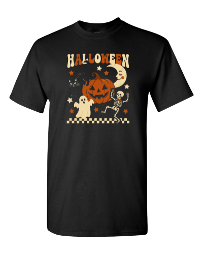 Retro Halloween Collage on a black adult tee