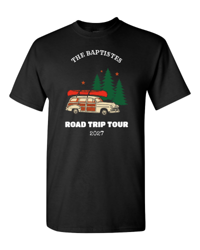 Road Trip Tour: Stops on the Back on a black adult tee
