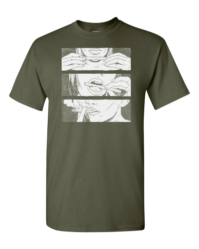 Roll, Lick, Smoke on a military green adult tee