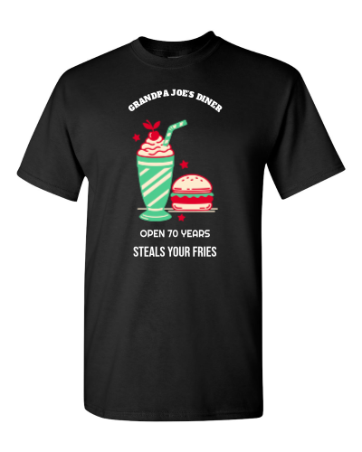 Seventy Diner Crew on a black adult tee