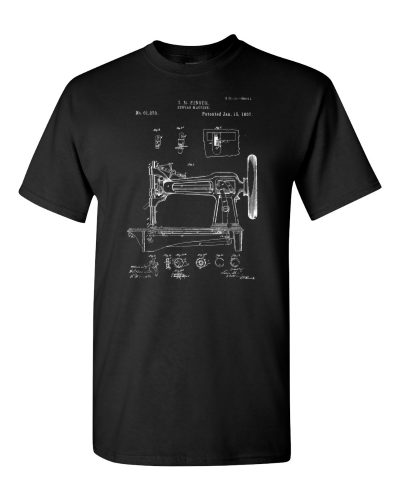 Sewing Machine Patent on a black adult tee
