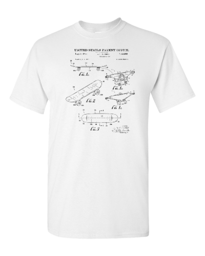 Skateboard Patent on a white adult tee