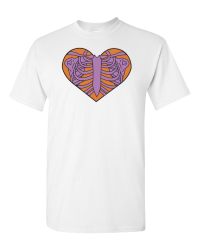 Skeleton Heart on a white adult tee